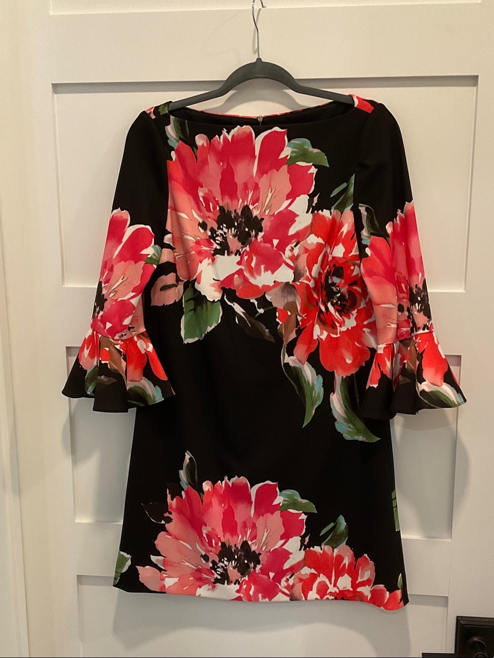 Tahari Black Floral Long Sleeve Shift Dress with Pink & Green Accents